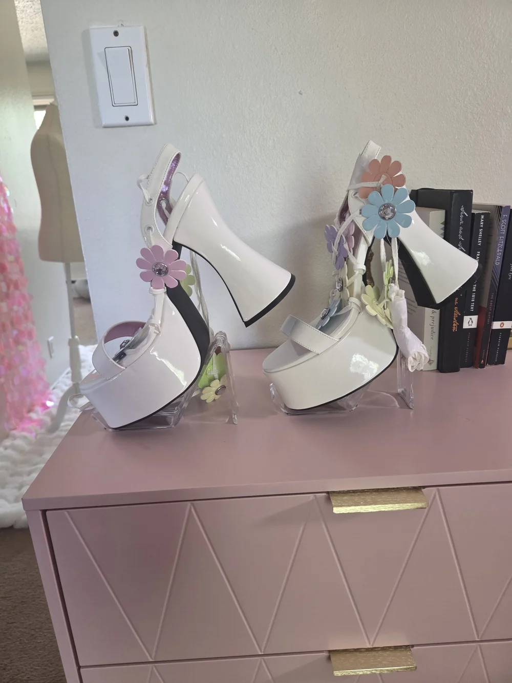 Sugar Thrillz White Patent Platform Heels with Pastel Flower Appliqués